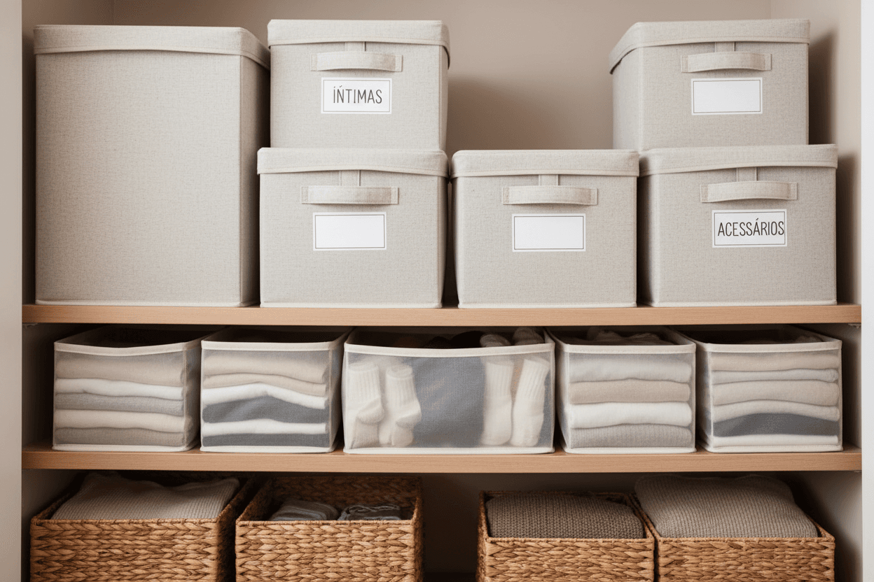 como organizar guarda-roupa pequeno com caixas organizadoras