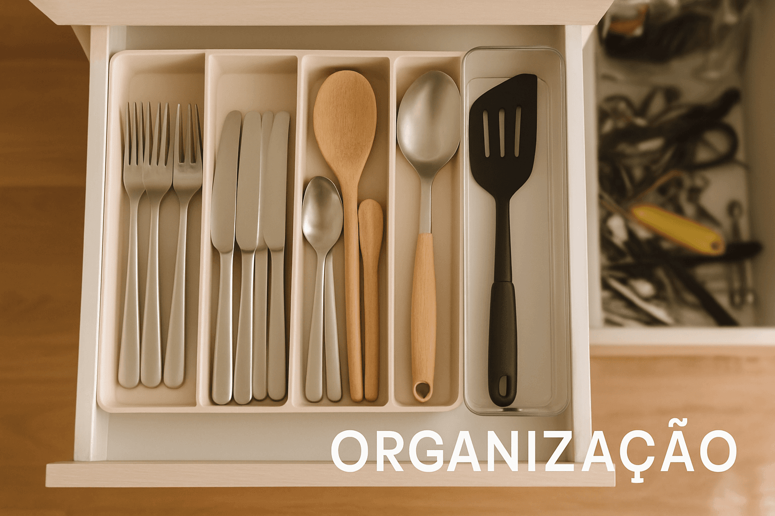 Organização de gaveta de cozinha com divisórias