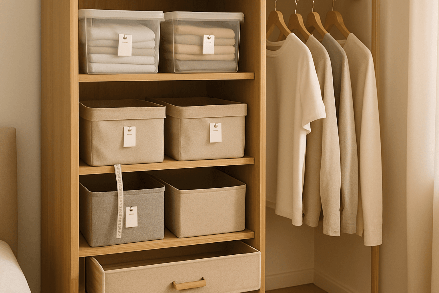 Organização de guarda-roupa pequeno com caixas