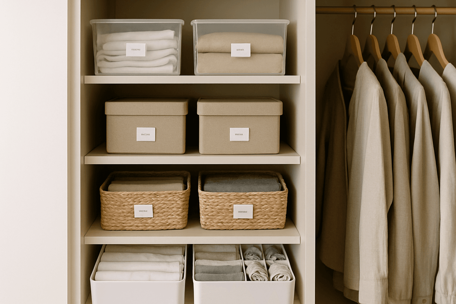 Organização de guarda-roupa pequeno com caixas organizadoras